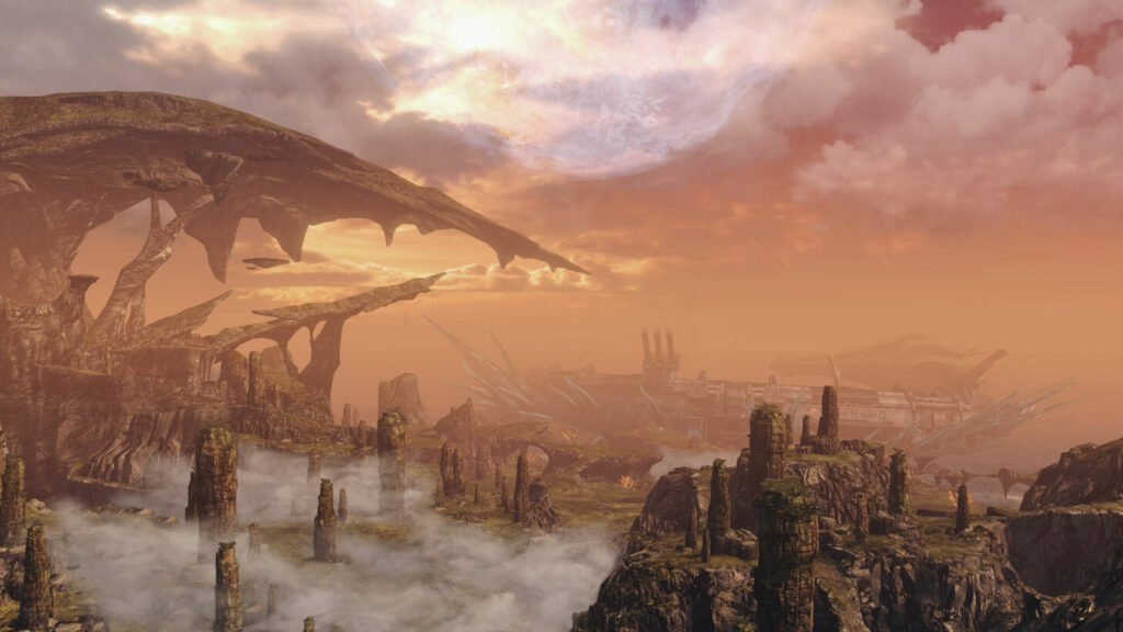 Blick auf den Sonnenuntergang über einer fremden Landschaft in Xenoblade Chronicles X Definitive Edition Nintendo Switch Blick auf den Sonnenuntergang über einer fremden Landschaft in Xenoblade Chronicles X Definitive Edition Nintendo Switch