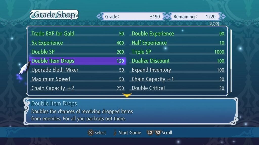 Grade Shop-Menü mit verschiedenen Optionen in Tales of Graces F Remastered Grade Shop-Menü mit verschiedenen Optionen in Tales of Graces F Remastered