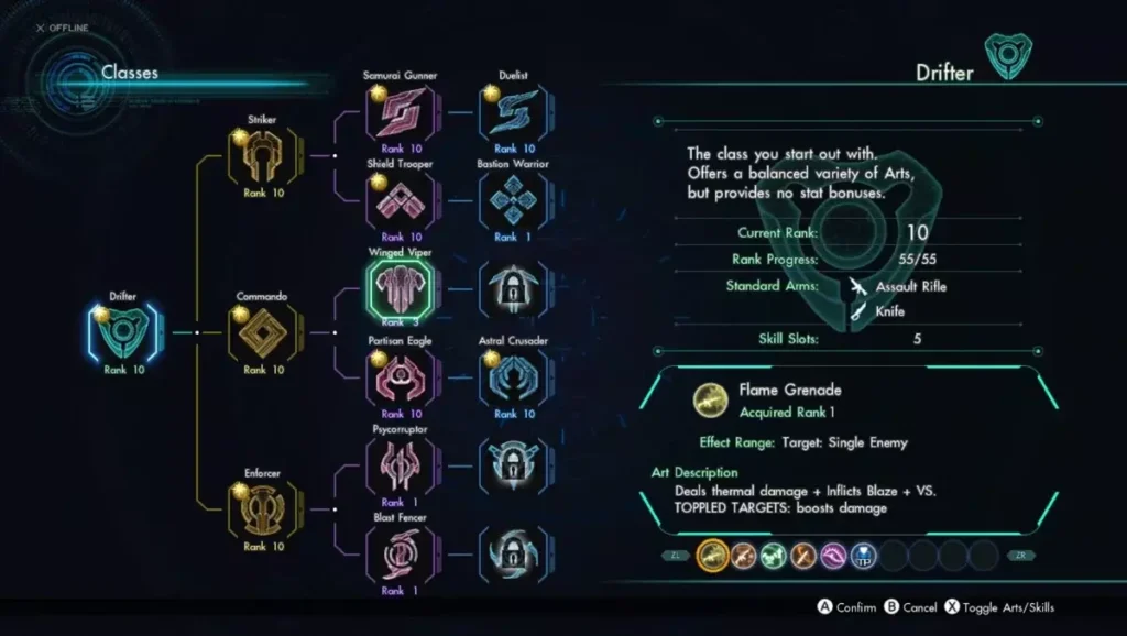 Klassenauswahl-Bildschirm mit verschiedenen Charakter-Builds in Xenoblade Chronicles X Definitive Edition Nintendo Switch Klassenauswahl-Bildschirm mit verschiedenen Charakter-Builds in Xenoblade Chronicles X Definitive Edition Nintendo Switch