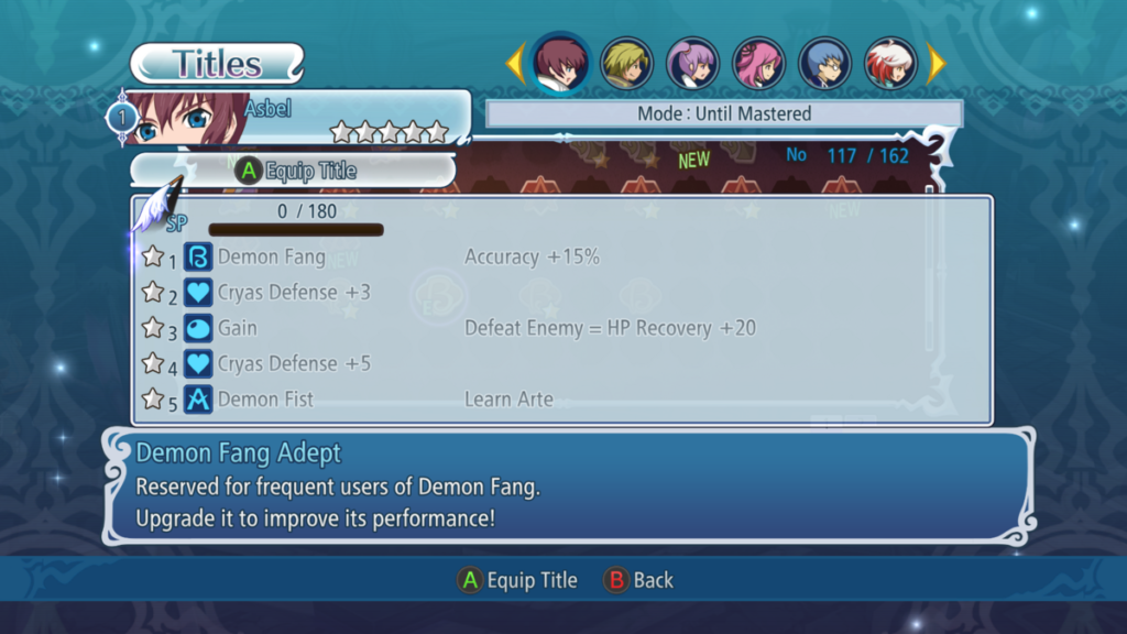 Menübildschirm mit Artes und Fähigkeiten in Tales of Graces F Remastered Menübildschirm mit Artes und Fähigkeiten in Tales of Graces F Remastered