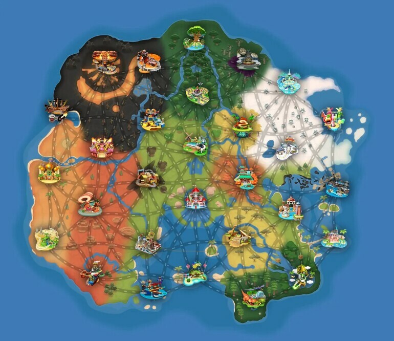 Open World Karte von Mario Kart World mit verschiedenen Biomen und Strecken Open World Karte von Mario Kart World mit verschiedenen Biomen und Strecken