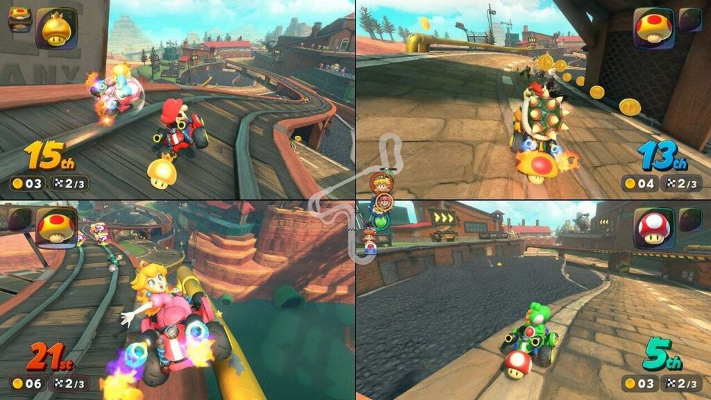 Splitscreen-Multiplayer mit vier Spielern in Mario Kart World Splitscreen-Multiplayer mit vier Spielern in Mario Kart World